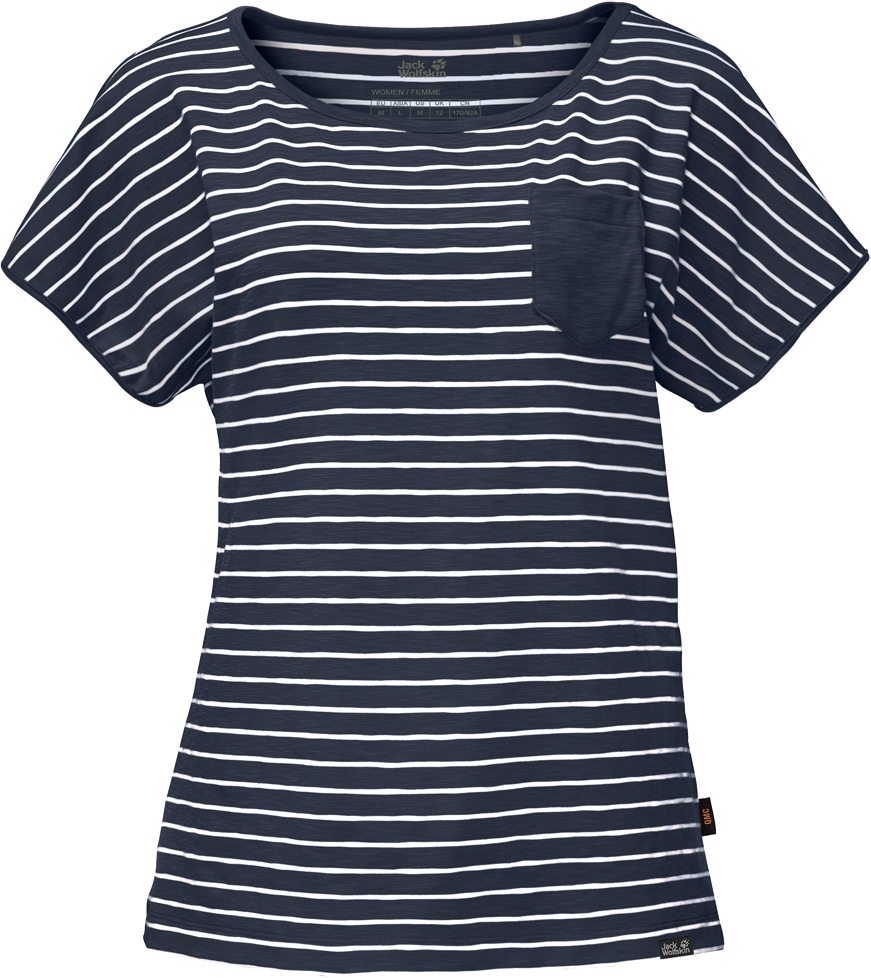 Футболка женская Jack Wolfskin Travel Striped T W, цвет: темно-синий, белый. 1805691-7819. Размер S (44)1805691-7819 Футболка женская Jack Wolfskin Travel Striped T W, цвет: темно-синий, белый. 1805691-7819. Размер S (44)1805691-7819Женская футболка Travel Striped T W выполнена из полиэстера с добавлением эластана. Ткань быстро сохнет и уменьшает образование неприятных запахов. Модель имеет круглый вырез горловины и цельнокроеные короткие рукава. Футболка дополнена принтом в полоску и нагрудным накладным кармашком.