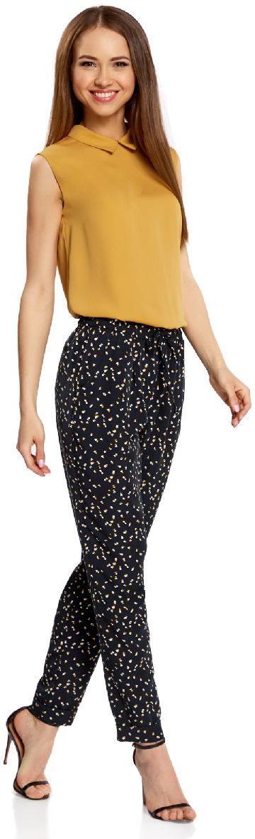 Брюки женские oodji Collection, цвет: черный, горчичный. 21705061-4/35184/2957G. Размер 38-170 (44-170)21705061-4/35184/2957G Брюки женские oodji Collection, цвет: черный, горчичный. 21705061-4/35184/2957G. Размер 38-170 (44-170)21705061-4/35184/2957GЖенские легкие брюки oodji Collection из струящейся ткани выполнены из высококачественного материала. Модель стандартной посадки в поясе дополнена эластичной резинкой и кулиской. Спереди брюки дополнены втачными карманами, сзади - прорезными.