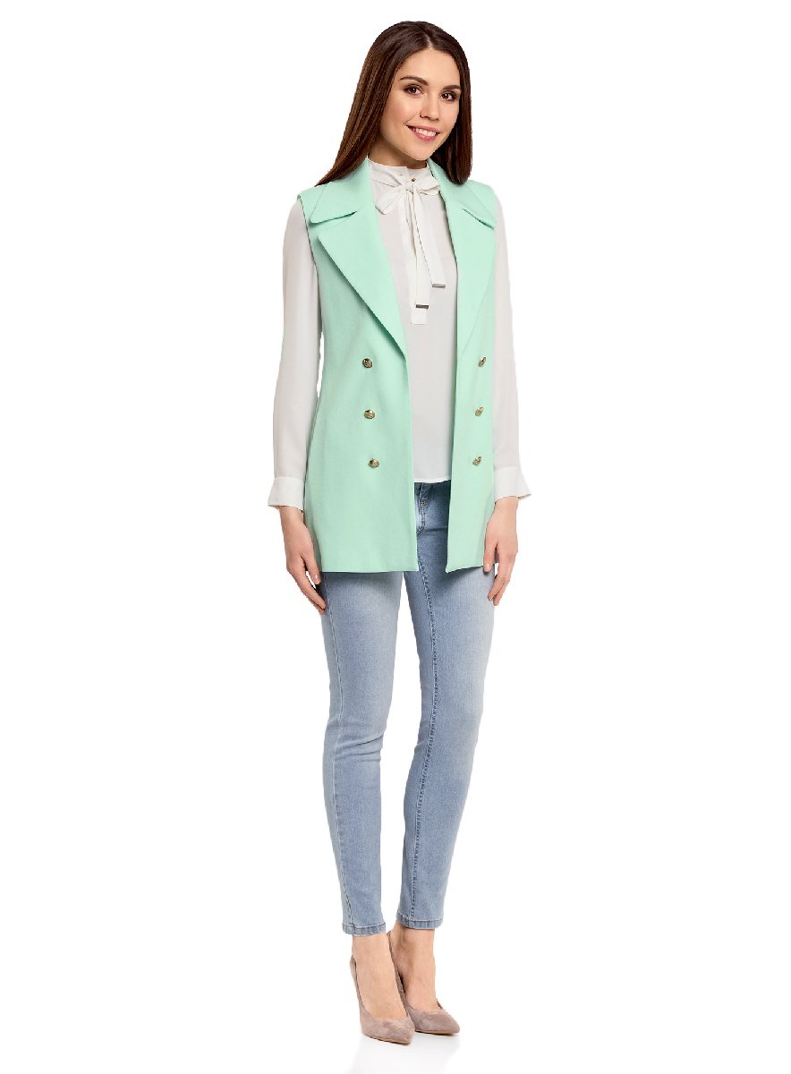 Жилет женский oodji Collection, цвет: ментоловый. 22305001-1/31291/6500N. Размер 36-170 (42-170)22305001-1/31291/6500N Жилет женский oodji Collection, цвет: ментоловый. 22305001-1/31291/6500N. Размер 36-170 (42-170)22305001-1/31291/6500NУдлиненный женский жилет oodji Collection выполнен из качественного полотна и оформлен декоративными пуговицами. Модель приталенного кроя с лацканами подойдет для офиса, прогулок и дружеских встреч и будет отлично сочетаться с джинсами и брюками, а также гармонично смотреться с юбками. Мягкая ткань на основе полиэстера, вискозы и эластана приятна на ощупь и комфортна в носке.