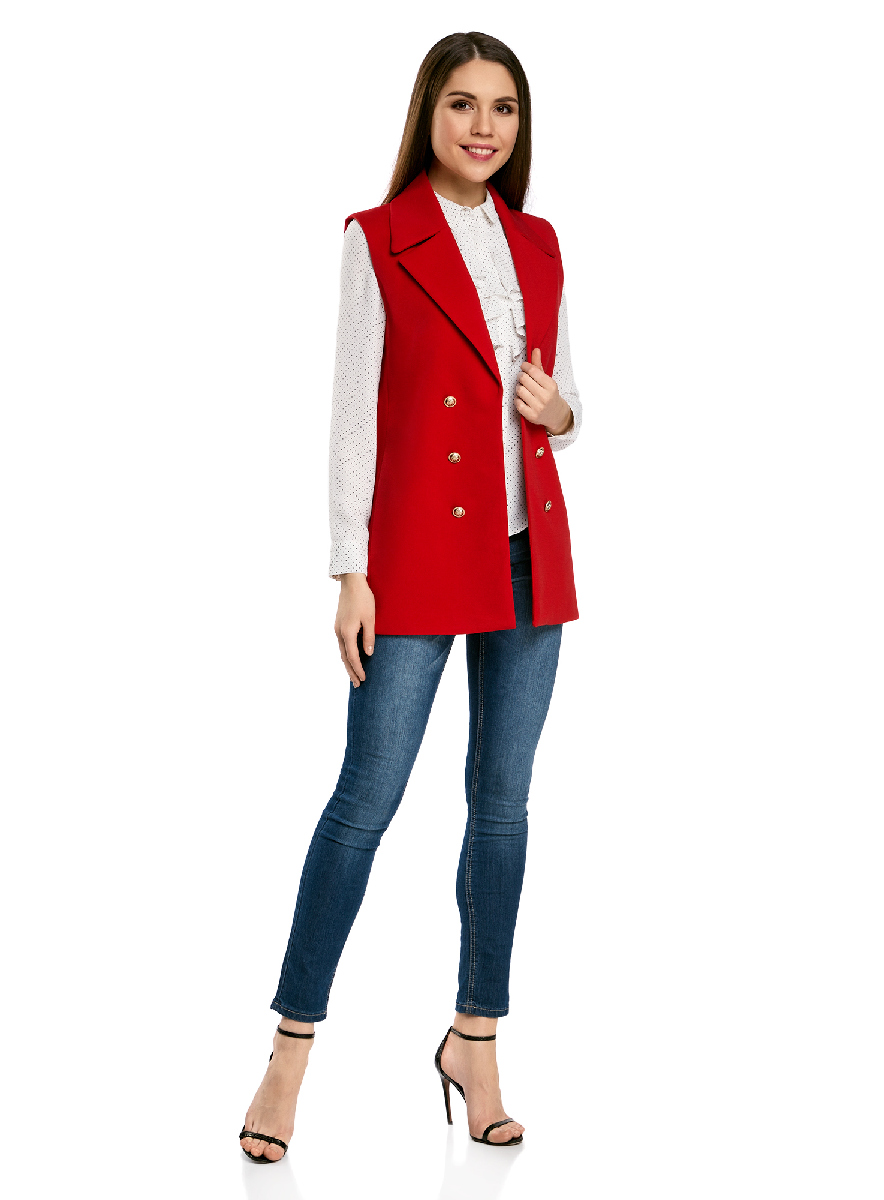 Жилет женский oodji Collection, цвет: красный. 22305001-1/31291/4500N. Размер 40-170 (46-170)22305001-1/31291/4500N Жилет женский oodji Collection, цвет: красный. 22305001-1/31291/4500N. Размер 40-170 (46-170)22305001-1/31291/4500NУдлиненный женский жилет oodji Collection выполнен из качественного полотна и оформлен декоративными пуговицами. Модель приталенного кроя с лацканами подойдет для офиса, прогулок и дружеских встреч и будет отлично сочетаться с джинсами и брюками, а также гармонично смотреться с юбками. Мягкая ткань на основе полиэстера, вискозы и эластана приятна на ощупь и комфортна в носке.