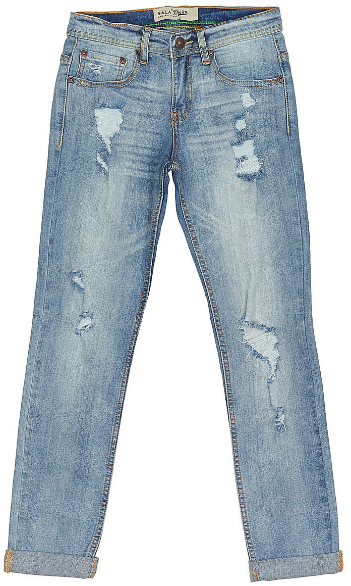 Джинсы для мальчика Sela Denim, цвет: голубой джинс. PJ-835/345-7243. Размер 140, 10 летPJ-835/345-7243 Джинсы для мальчика Sela Denim, цвет: голубой джинс. PJ-835/345-7243. Размер 140, 10 летPJ-835/345-7243Стильные джинсы с подворотами для мальчика Sela выполнены из качественного эластичного материала с эффектом потертостей и разрывами. Джинсы зауженного кроя и стандартной посадки на талии застегиваются на пуговицу и имеют ширинку на застежке-молнии. На поясе имеются шлевки для ремня. Модель представляет собой классическую пятикарманку: два втачных и накладной кармашек спереди и два накладных кармана сзади.