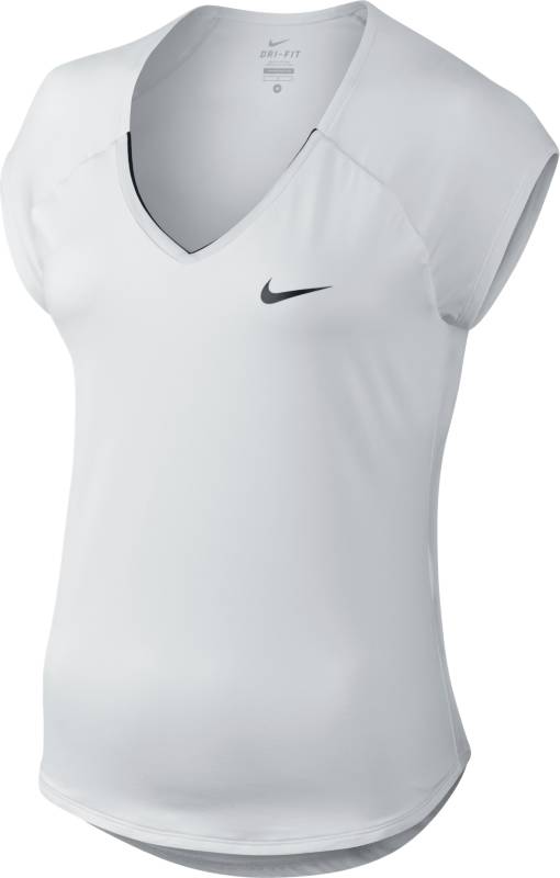 Футболка женская Nike Pure Top, цвет: белый. 728757-100. Размер S (42/44)728757-100 Футболка женская Nike Pure Top, цвет: белый. 728757-100. Размер S (42/44)728757-100Женская футболка для тенниса Pure Top от Nike выполнена из мягкого текстиля Dri-Fit, отводящего влагу от поверхности тела, сохраняющего тело сухим. Модель прилегающего кроя с короткими рукава-реглан и V-образным вырезом горловины оформлена фирменным логотипом.