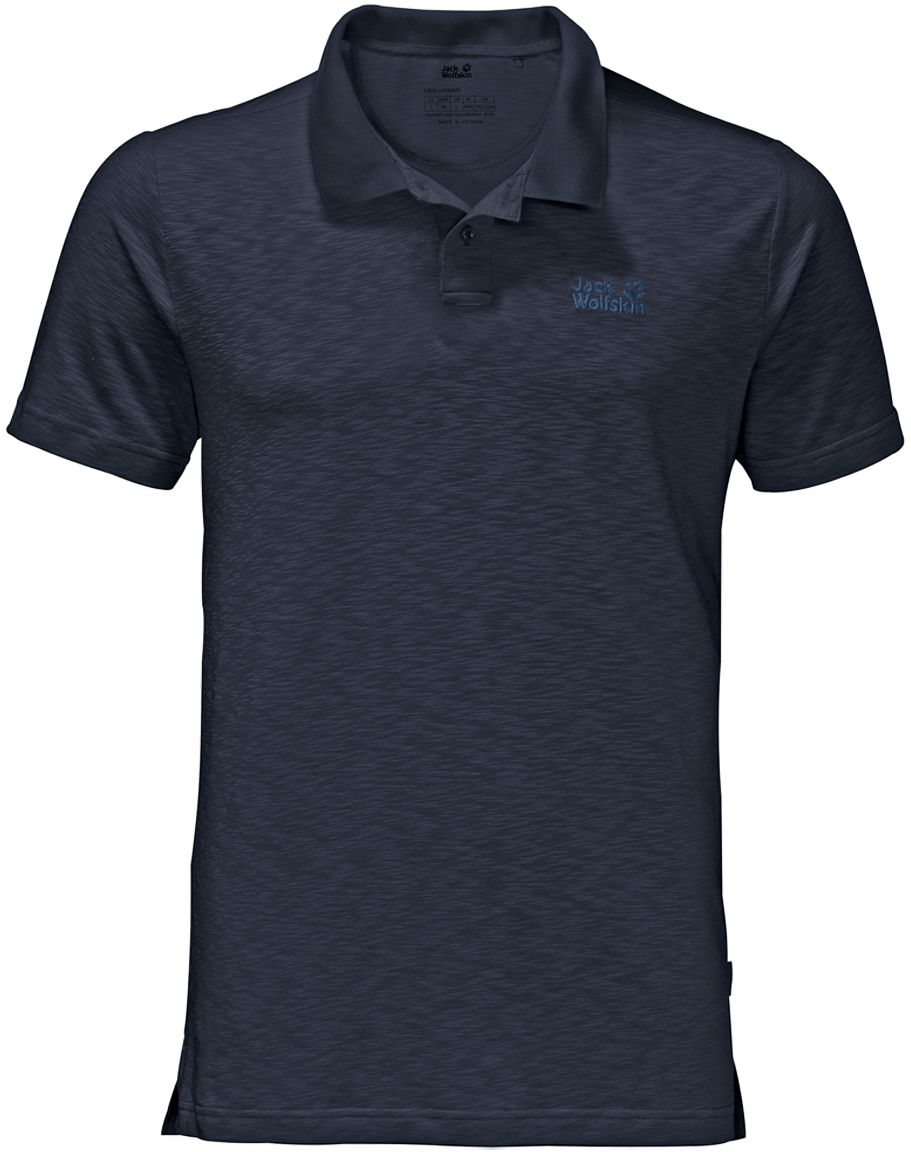 Поло мужское Jack Wolfskin Travel Polo M, цвет: темно-синий. 1804542-1010. Размер L (48/50)1804542-1010 Поло мужское Jack Wolfskin Travel Polo M, цвет: темно-синий. 1804542-1010. Размер L (48/50)1804542-1010Поло мужское Travel Polo M изготовлено из полиэстера с добавлением эластана. Модель имеет простой однотонный дизайн, но при этом отличается уникальным материалом. Ткань изделия быстро сохнет и имеет специальную обработку, которая позволяет уменьшить образование неприятных запахов. Модель имеет отложной воротник на пуговицах и короткие стандартные рукава. Это удобное базовое поло идеально подходит для путешествий, отдыха и ежедневного использования.