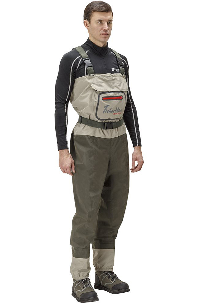 Вейдерсы мужские FisherMan Nova Tour Аэр V2, цвет: хаки. 95942-530. Размер XL (54)95942-530 Вейдерсы мужские FisherMan Nova Tour Аэр V2, цвет: хаки. 95942-530. Размер XL (54)95942-530Высокотехнологичные вейдерсы FisherMan Nova Tour для забродной рыбалки представляют собой полукомбинезон, изготовленный из специального материала. Вейдерсы дополнены объемным карманом на груди и удобным поясом. Верх выполнен с лямками на пластиковых защелках. Низ брючин на резинках.