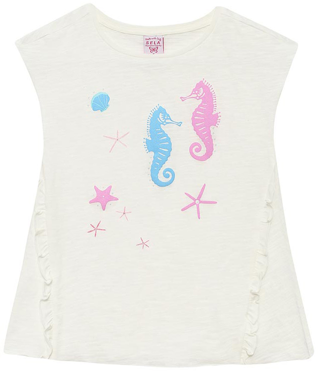 Футболка для девочки Sela, цвет: молочный. Ts-511/331-7233. Размер 92, 2 годаTs-511/331-7233 Футболка для девочки Sela, цвет: молочный. Ts-511/331-7233. Размер 92, 2 годаTs-511/331-7233Стильная футболка для девочки Sela станет отличным дополнением к гардеробу юной модницы. Модель А-силуэта изготовлена из натурального хлопка и оформлена оригинальным принтом и рюшами. Воротник дополнен мягкой эластичной бейкой.
