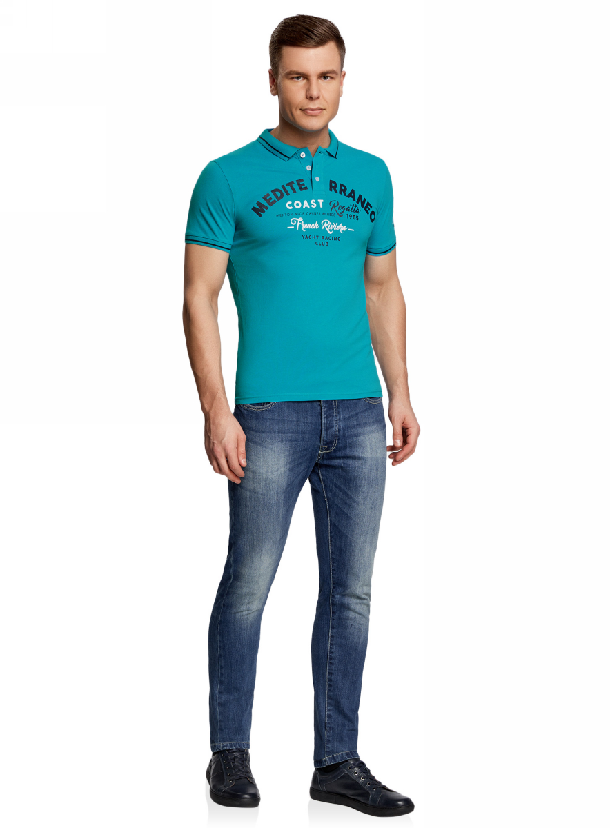 Поло мужское oodji Basic, цвет: бирюзовый, темно-синий. 5B412004M/44032N/7379P. Размер XS (44)5B412004M/44032N/7379P Поло мужское oodji Basic, цвет: бирюзовый, темно-синий. 5B412004M/44032N/7379P. Размер XS (44)5B412004M/44032N/7379PМужское поло от oodji выполнено из натурального хлопка с контрастной отделкой. Модель с короткими рукавами и отложным воротником на груди застегивается на пуговицы и оформлена принтом.