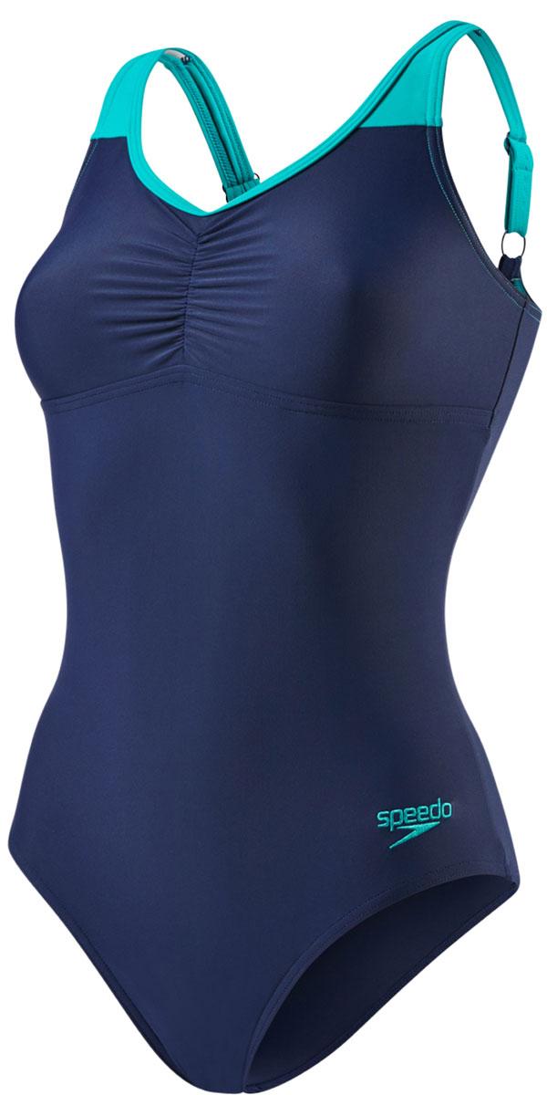 Купальник слитный Speedo Essential Clipback, цвет: темно-синий, зеленый. 8-09690B369-B369. Размер 32 (42/44)8-09690B369-B369 Купальник слитный Speedo Essential Clipback, цвет: темно-синий, зеленый. 8-09690B369-B369. Размер 32 (42/44)8-09690B369-B369Женственный купальник Speedo Essential Clipback с контрастными лямками и V-образным вырезом дарит абсолютную свободу движений и комфорт во время плавания.Конструкция модели обеспечивает поддержку бюста для дополнительного комфорта и уверенности и удобную посадку.Благодаря технологии Creora Highclo elastane ткань купальника более устойчива к затяжкам и разрушающему воздействию хлора и солнцезащитных средств в сравнении с обычными тканями с эластаном и спандексом. Также технология купальника позволяет ткани растягиваться, что создает максимально комфортную посадку.Замок-защелка и регулируемые лямки гарантируют удобную посадку и комфорт при любых видах активности в воде.