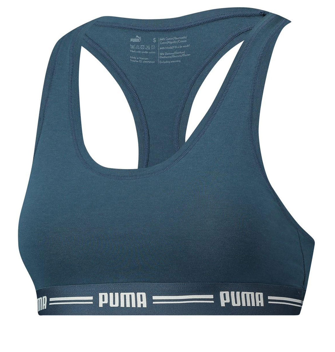 Топ-бра женский Puma Iconic Racer Back Bra 1, цвет: синий. 90688905. Размер M (44/46)90688905 Топ-бра женский Puma Iconic Racer Back Bra 1, цвет: синий. 90688905. Размер M (44/46)90688905Спортивный топ-бра Puma Iconic Racer Back Bra 1 выполнен из высококачественного эластичного материала. Модель на не регулируемых по длине бретелях имеет широкий эластичный пояс, который обеспечивает бережную поддержку. Широкие бретельки и спинка-борцовка надежно фиксируют топ на плечах.