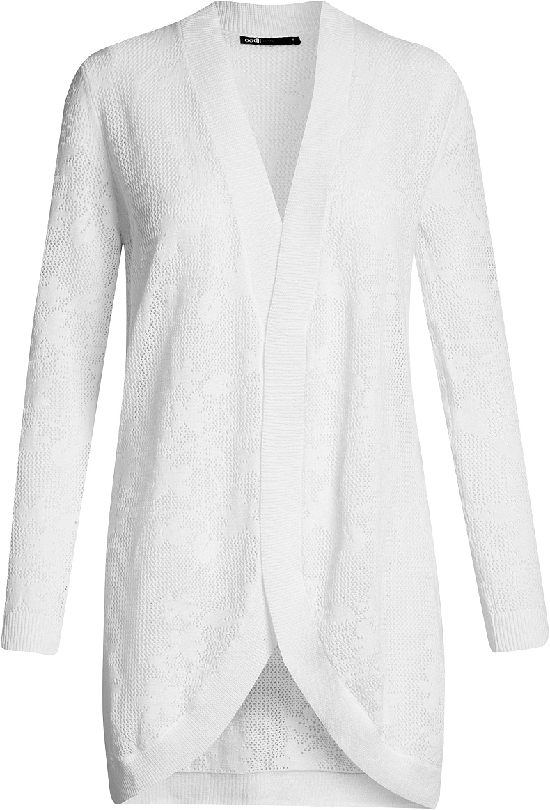 Жакет женский oodji Ultra, цвет: белый. 63210145/46806/1000N. Размер XL (50)63210145/46806/1000N Жакет женский oodji Ultra, цвет: белый. 63210145/46806/1000N. Размер XL (50)63210145/46806/1000NТрикотажный жакет oodji изготовлен из качественного смесового материала. Модель с длинными рукавами и ажурной вязкой выполнена без застежек. Низ изделия и рукава дополнены вязаными резинками.
