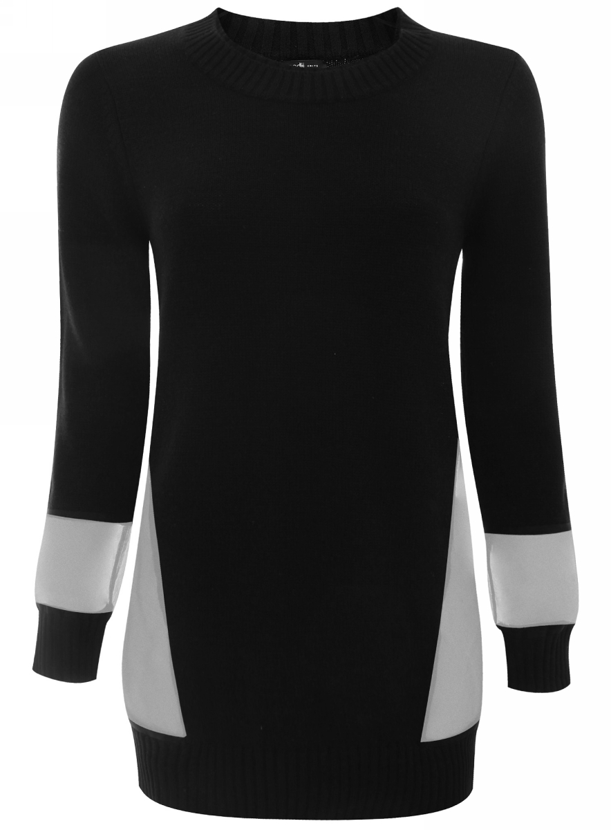 Джемпер женский oodji Collection, цвет: черный. 73807266/32748/2900N. Размер 38 (44)73807266/32748/2900N Джемпер женский oodji Collection, цвет: черный. 73807266/32748/2900N. Размер 38 (44)73807266/32748/2900NДжемпер oodji с длинными рукавами изготовлен из качественного смесового материала. Удлиненная модель выполнена с круглым вырезом и контрастными вставками. Низ изделия и рукава оформлены эластичными резинками.