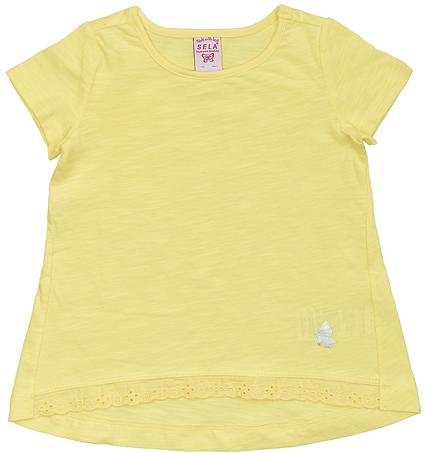 Футболка для девочки Sela, цвет: желтый. Ts-511/312-7142. Размер 110Ts-511/312-7142 Футболка для девочки Sela, цвет: желтый. Ts-511/312-7142. Размер 110Ts-511/312-7142Модная футболка для девочки Sela выполнена из натурального хлопка и оформлена кружевной вставкой по низу. Модель А-силуэта с удлиненной спинкой подойдет для прогулок и дружеских встреч и будет отлично сочетаться с джинсами, брюками и лосинами. Воротник изделия дополнен мягкой эластичной бейкой. Мягкая ткань комфортна и приятна на ощупь. Яркий цвет модели позволяет создавать стильные образы.