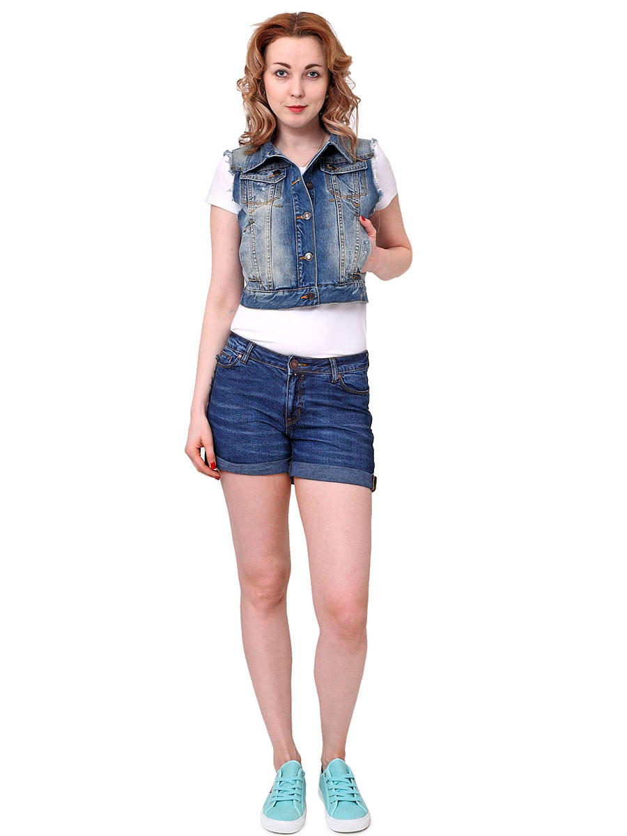 Жилет женский F5, цвет: синий. 175019_16566. Размер XS (42)175019_16566, Blue denim Sesto, w.medium Жилет женский F5, цвет: синий. 175019_16566. Размер XS (42)175019_16566, Blue denim Sesto, w.mediumЖенский джинсовый жилет F5 выполнен из натурального хлопка. Жилет с отложным воротником и без рукавов застегивается на металлические пуговицы. Спереди расположены два накладных кармана с клапанами на пуговицах.Низ изделия дополнен хлястиками и пуговицами, для регулировки объема. Модель оформлена потертостями и контрастной прострочкой.