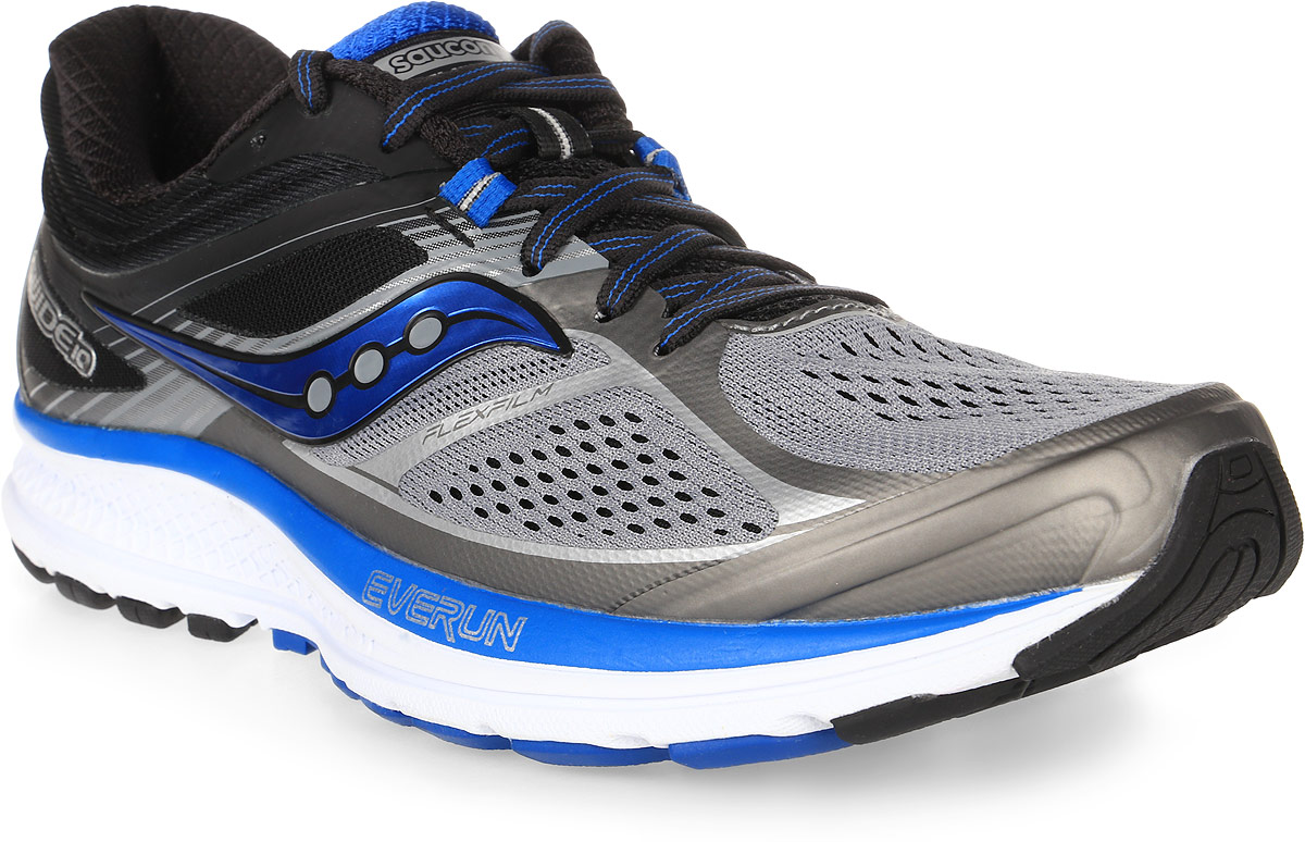 Кроссовки для бега мужские Saucony Guide 10, цвет: серый, черный. S20350-1. Размер 8,5 (41)S20350-1 Кроссовки для бега мужские Saucony Guide 10, цвет: серый, черный. S20350-1. Размер 8,5 (41)S20350-1Мужские кроссовки для бега Saucony GUIDE 10 - отличная модель для тренировок на каждый день и длительных темповых пробежек. Верх изделия выполнен из сетчатого текстиля. Дышащая сетка с технологией RUNDRY отлично впитывает влагу и обеспечивает комфорт во время пробежки. Бесшовная технология верха FLEXFILM с защитой от износа в местах сгибов, без утяжеления конструкции разработана специально для более мягкого бега. Шнуровка надежно фиксирует обувь на ноге. Технология SRC позволяет поглощать ударную нагрузку на пятку и мягко перераспределяет ее по всей стопе. Подошва с системой TRI-FLEX вместе со вставкой EVERUN увеличивают распределение нагрузки по большей площади поверхности, обеспечивая оптимальную гибкость и сцепление.Новая модель GUIDE 10 от Saucony - это комфортная поддержка и амортизация без потери гибкости и легкости.
