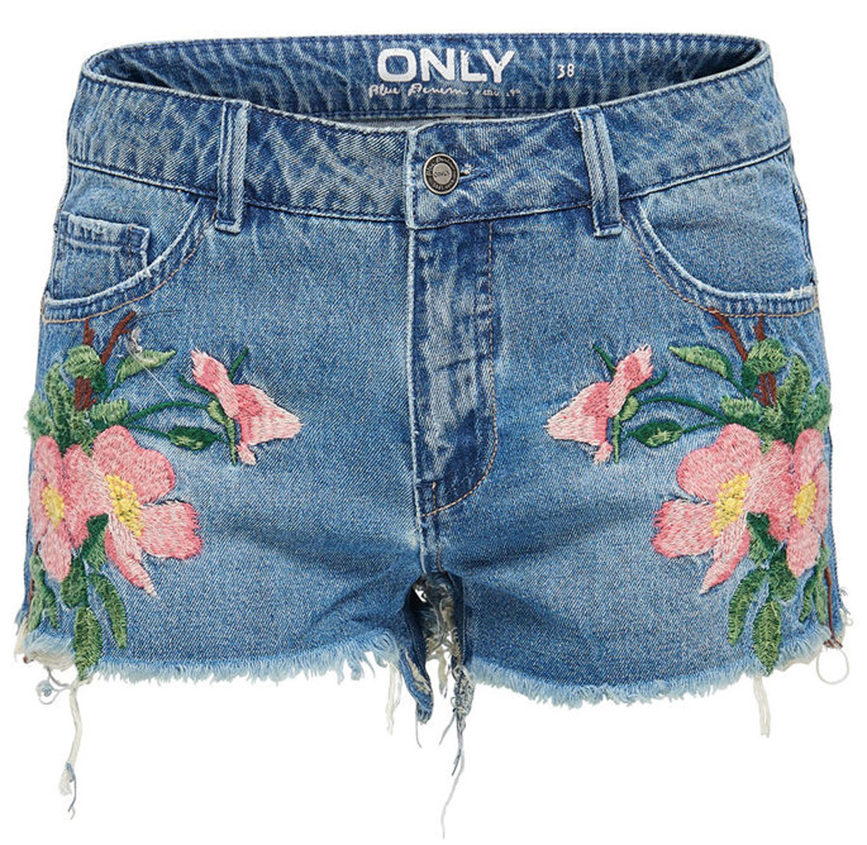 Шорты женские Only, цвет: синий. 15134635_Medium Blue Denim. Размер 26 (42)15134635_Medium Blue Denim Шорты женские Only, цвет: синий. 15134635_Medium Blue Denim. Размер 26 (42)15134635_Medium Blue DenimЖенские шорты Only помогут создать стильный повседневный образ. Они застегиваются на пуговицу в поясе и ширинку на молнии. Модель имеет среднюю линию талии и классический пятикарманный крой: два втачных кармана и небольшой накладной кармашек спереди, два больших накладных кармана сзади. Пояс дополнен шлевками для ремня. Шорты украшены цветочной вышивкой.