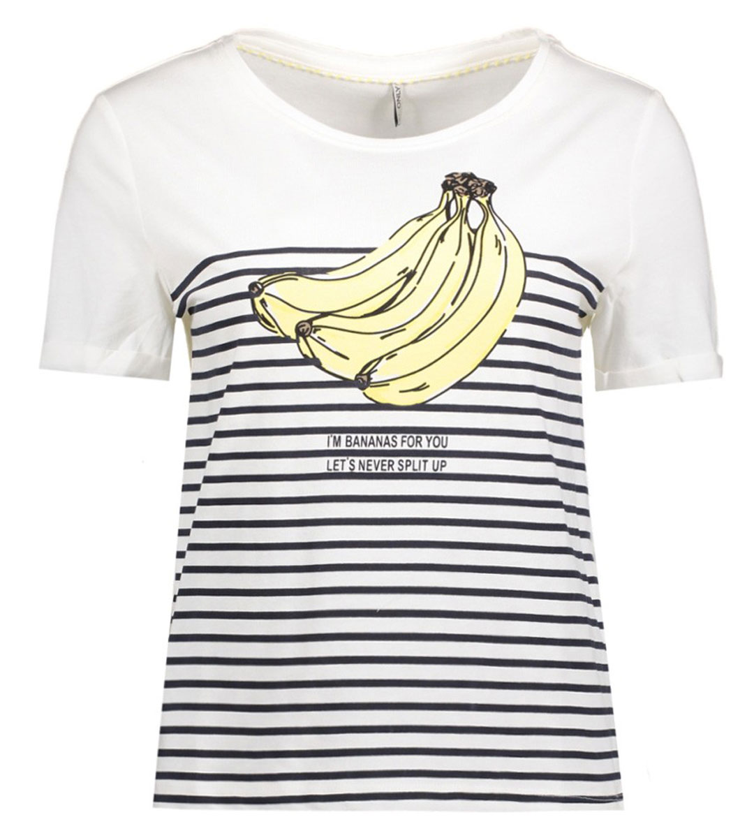Футболка женская Only, цвет: белый. 15135457_Cloud Dancer BANANAS (NIGHT SKY STRIPES). Размер XS (38)15135457_Cloud Dancer BANANAS (NIGHT SKY STRIPES) Футболка женская Only, цвет: белый. 15135457_Cloud Dancer BANANAS (NIGHT SKY STRIPES). Размер XS (38)15135457_Cloud Dancer BANANAS (NIGHT SKY STRIPES)Стильная женская футболка Only, выполненная из 100% хлопка, подчеркнет ваш стиль и поможет создать оригинальный образ. Модель имеет короткие рукава и круглый вырез горловины. Изделие дополнено принтом в полоску и изображением бананов.