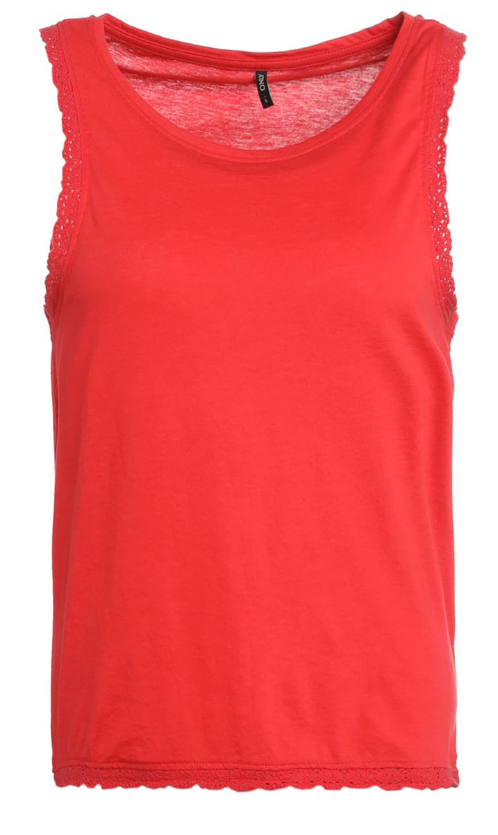 Топ женский Only, цвет: красный. 15135440_Poinsettia. Размер S (42/44)15135440_Poinsettia Топ женский Only, цвет: красный. 15135440_Poinsettia. Размер S (42/44)15135440_PoinsettiaСтильный топ Only подчеркнет ваш стиль и поможет создать оригинальный образ. Модель без рукавов имеет круглый вырез горловины. Проймы рукавов и низ изделия отделаны кружевом.