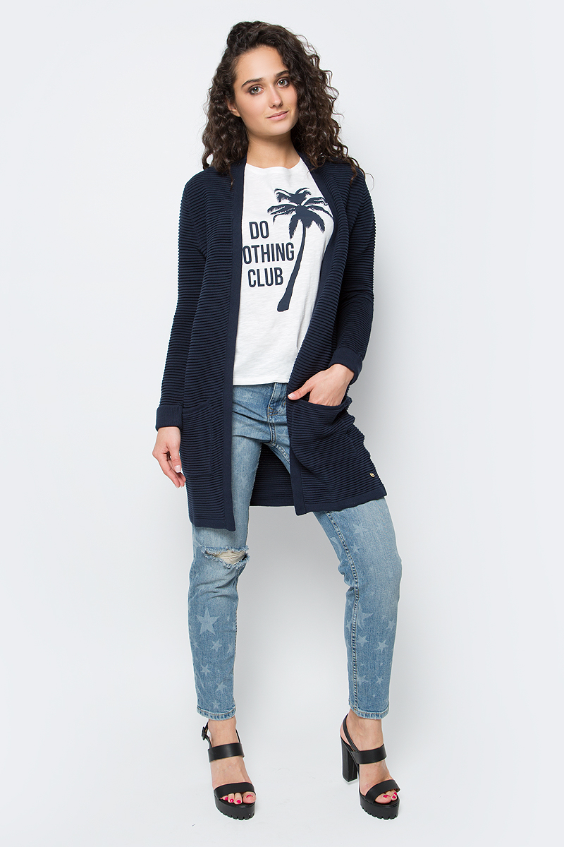 Кардиган женский Tom Tailor Denim, цвет: темно-синий. 3022616.00.71_6593. Размер M (46)3022616.00.71_6593 Кардиган женский Tom Tailor Denim, цвет: темно-синий. 3022616.00.71_6593. Размер M (46)3022616.00.71_6593Женский кардиган Tom Tailor Denime выполнен из высококачественной хлопковой пряжи. Удлиненная модель с длинными рукавами и воротником-шалькой не имеет застежек. Изделие связано резинкой и превосходно тянется. Предусмотрены два больших накладных кармана.