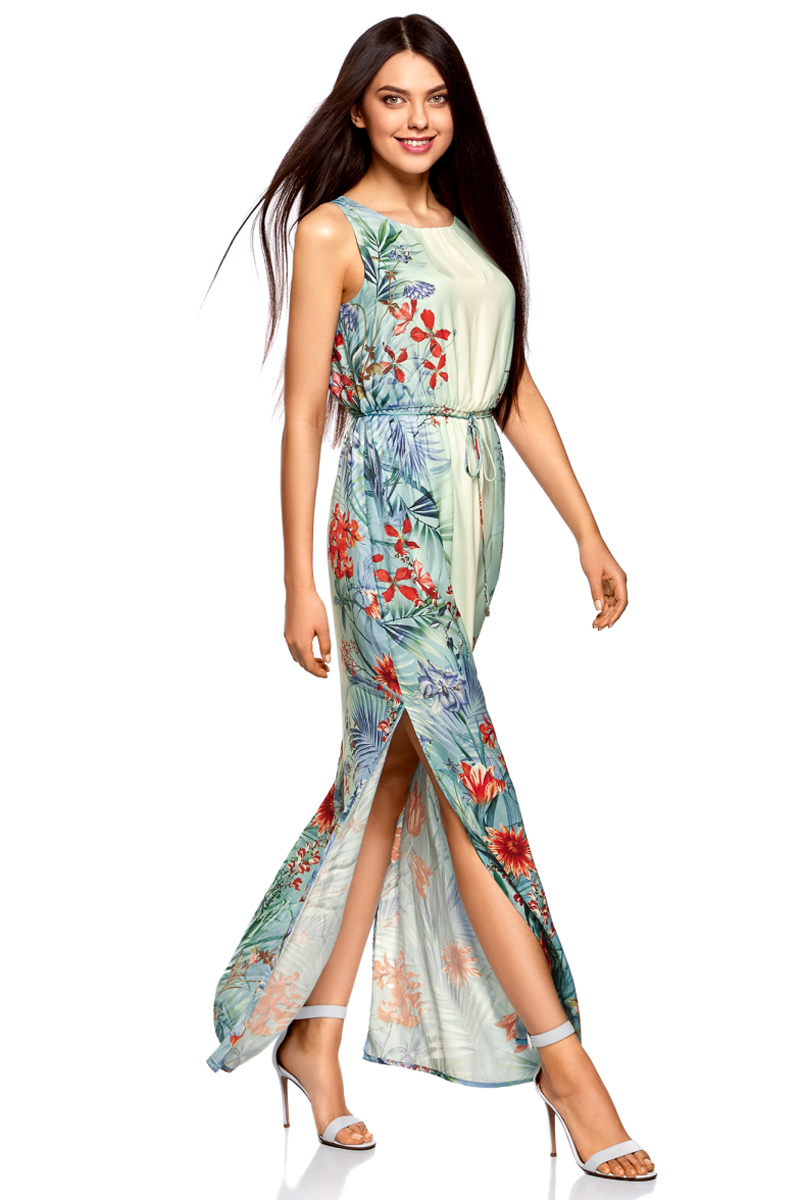 Платье жен oodji Collection, цвет: бирюзовый, красный, цветы. 21900323-5M/42873/7345F. Размер 40-164 (46-164)21900323-5M/42873/7345F Платье жен oodji Collection, цвет: бирюзовый, красный, цветы. 21900323-5M/42873/7345F. Размер 40-164 (46-164)21900323-5M/42873/7345FПлатье макси с резинкой на талии и завязками
