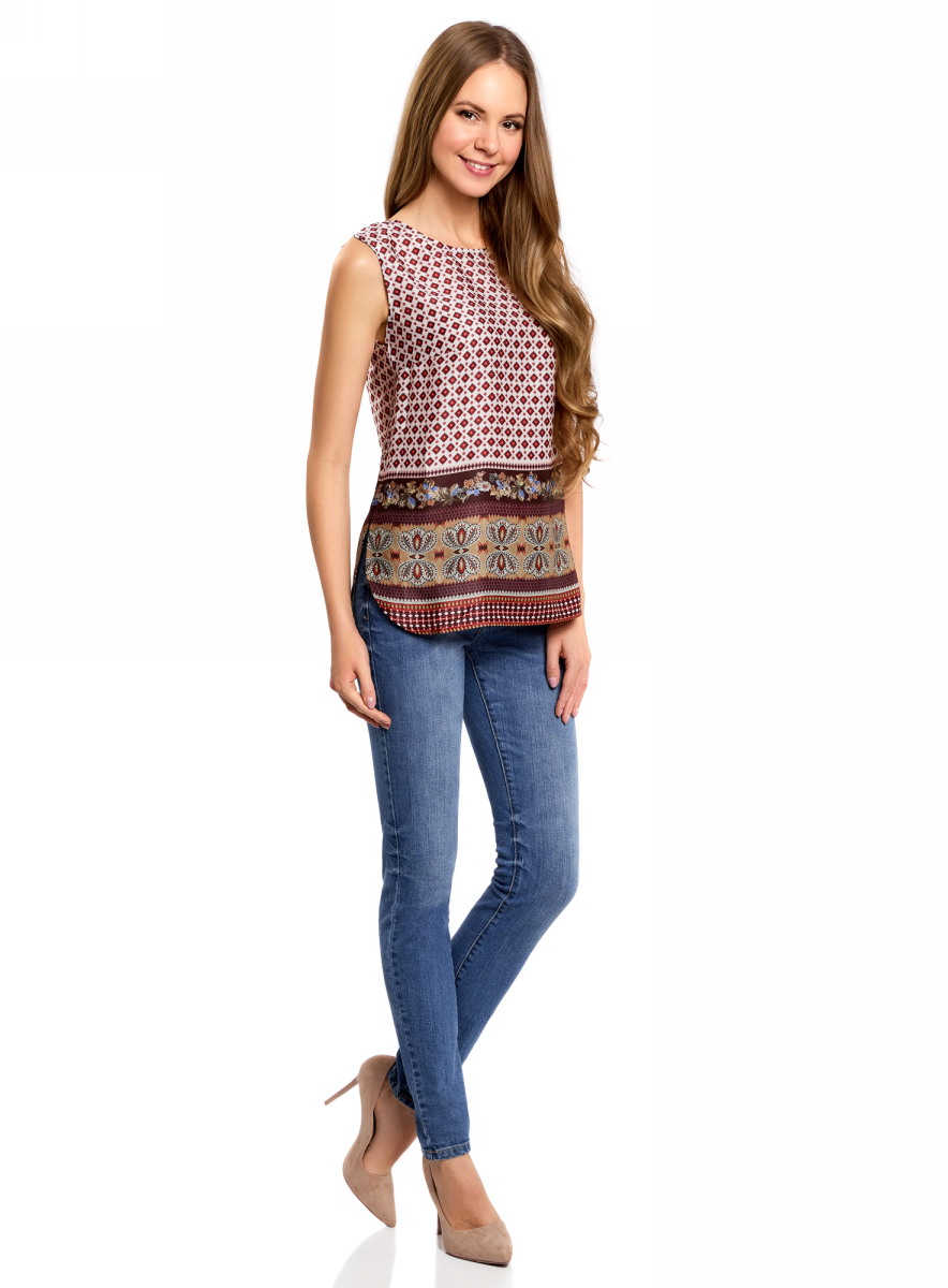 Блузка женская oodji Collection, цвет: бордовый, белый. 21400351M/35542/1231E. Размер 38-170 (44-170)21400351M/35542/1231E Блузка женская oodji Collection, цвет: бордовый, белый. 21400351M/35542/1231E. Размер 38-170 (44-170)21400351M/35542/1231EЖенская блузка oodji Collection выполнена из высококачественного материала. Модель с круглым вырезом горловины сзади застегивается на застежку-молнию. Оформлено изделие оригинальным принтом.