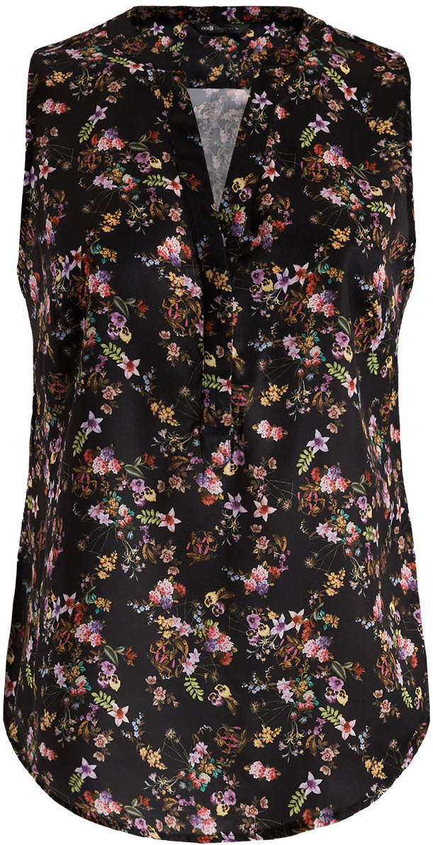 Блузка жен oodji Collection, цвет: черный, мультиколор, цветы. 21400388-3M/35542/2919F. Размер 40-170 (46-170)21400388-3M/35542/2919F Блузка жен oodji Collection, цвет: черный, мультиколор, цветы. 21400388-3M/35542/2919F. Размер 40-170 (46-170)21400388-3M/35542/2919FБлузка принтованная с V-образным вырезом