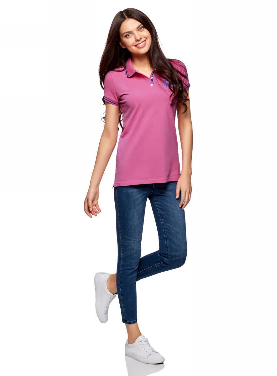 Поло жен oodji Collection, цвет: фуксия. 29301002/46958/4700N. Размер XXL (52)29301002/46958/4700N Поло жен oodji Collection, цвет: фуксия. 29301002/46958/4700N. Размер XXL (52)29301002/46958/4700NПоло с контрастной отделкой и вышивкой на груди