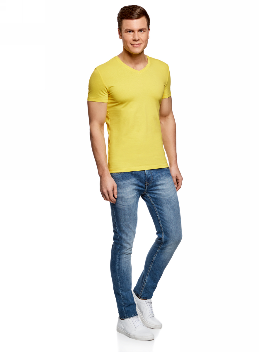 Футболка мужская oodji Basic, цвет: лимонный. 5B612002M/46737N/5100N. Размер XS (44)5B612002M/46737N/5100N Футболка мужская oodji Basic, цвет: лимонный. 5B612002M/46737N/5100N. Размер XS (44)5B612002M/46737N/5100NБазовая футболка с V-образным вырезом горловины и короткими рукавами выполнена из эластичного хлопка.