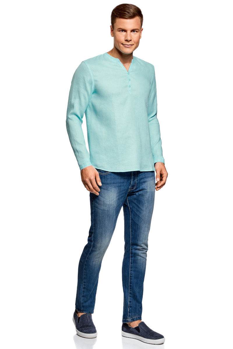 Рубашка мужская oodji Basic, цвет: бирюзово-голубой. 3B320002M/21155N/7301N. Размер XXL (58/60)3B320002M/21155N/7301N Рубашка мужская oodji Basic, цвет: бирюзово-голубой. 3B320002M/21155N/7301N. Размер XXL (58/60)3B320002M/21155N/7301NМужская рубашка от oodji выполнена из натурального льна. Модель без воротника с длинными рукавами на груди застегивается на пуговицы. Лен идеально подходит для теплой погоды. Он пропускает воздух, не вызывает аллергии, не выцветает на солнце. Льняные вещи просто приятно носить в жаркие дни.