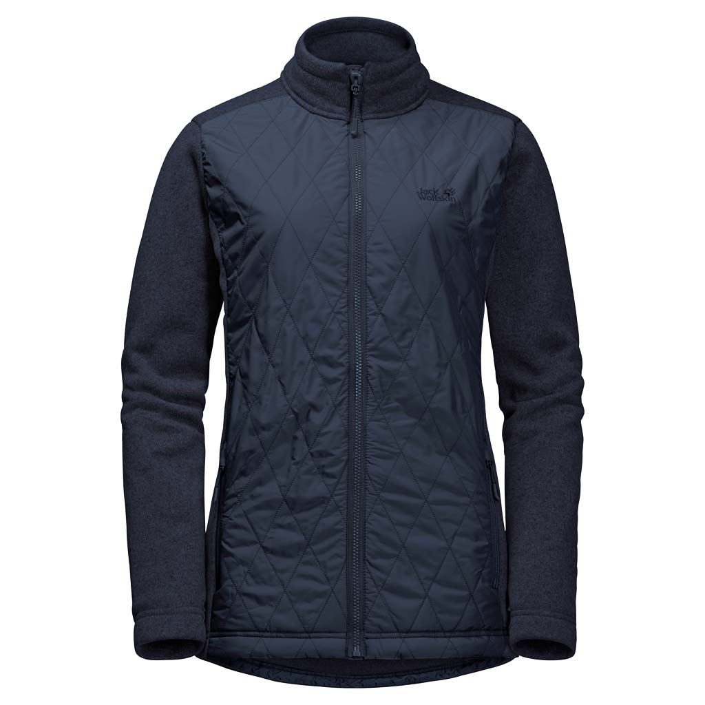 Толстовка женская Jack Wolfskin Caribou Crossing Altis W, цвет: темно-синий. 1203781-1910. Размер L (50)1203781-1910 Толстовка женская Jack Wolfskin Caribou Crossing Altis W, цвет: темно-синий. 1203781-1910. Размер L (50)1203781-1910Куртка Caribou Crossing Altis - теплая флисовая куртка с утепленной фронтальной частью и системной застежкой-молнией, которая защитит вас от встречного ветра. Модель приталенного кроя с воротником-стойкой, надежно защищающим от ветра, застегивается на молнию и дополнена двумя врезными карманами на молниях. Гибридная куртка Caribou Crossing Altis из флиса обладает ветронепроницаемой утепленной фронтальной частью. Остальная часть куртки выполнена из прекрасно дышащего, теплого флиса. Это обеспечивает стабильно оптимальный микроклимат, даже на сложных маршрутах. И вы получаете дополнительную защиту там, где она вам более всего необходима. Если начинается дождь или поднялся ветер, вы можете объединить куртку с верхней мембранной курткой. Просто состегните системные молнии - и готово. Особенности:- Stormlock Softtouch: очень легкая, мягкая, ветронепроницаемая и водостойкая ткань; - Microguard (80 г/м?): синтетический утеплитель со средним уровнем теплоизоляции; - Nanuk 200 Bipolar Jersey: очень теплая флисовая ткань с наружной стороной джерси и мягкой изнанкой с начесом.