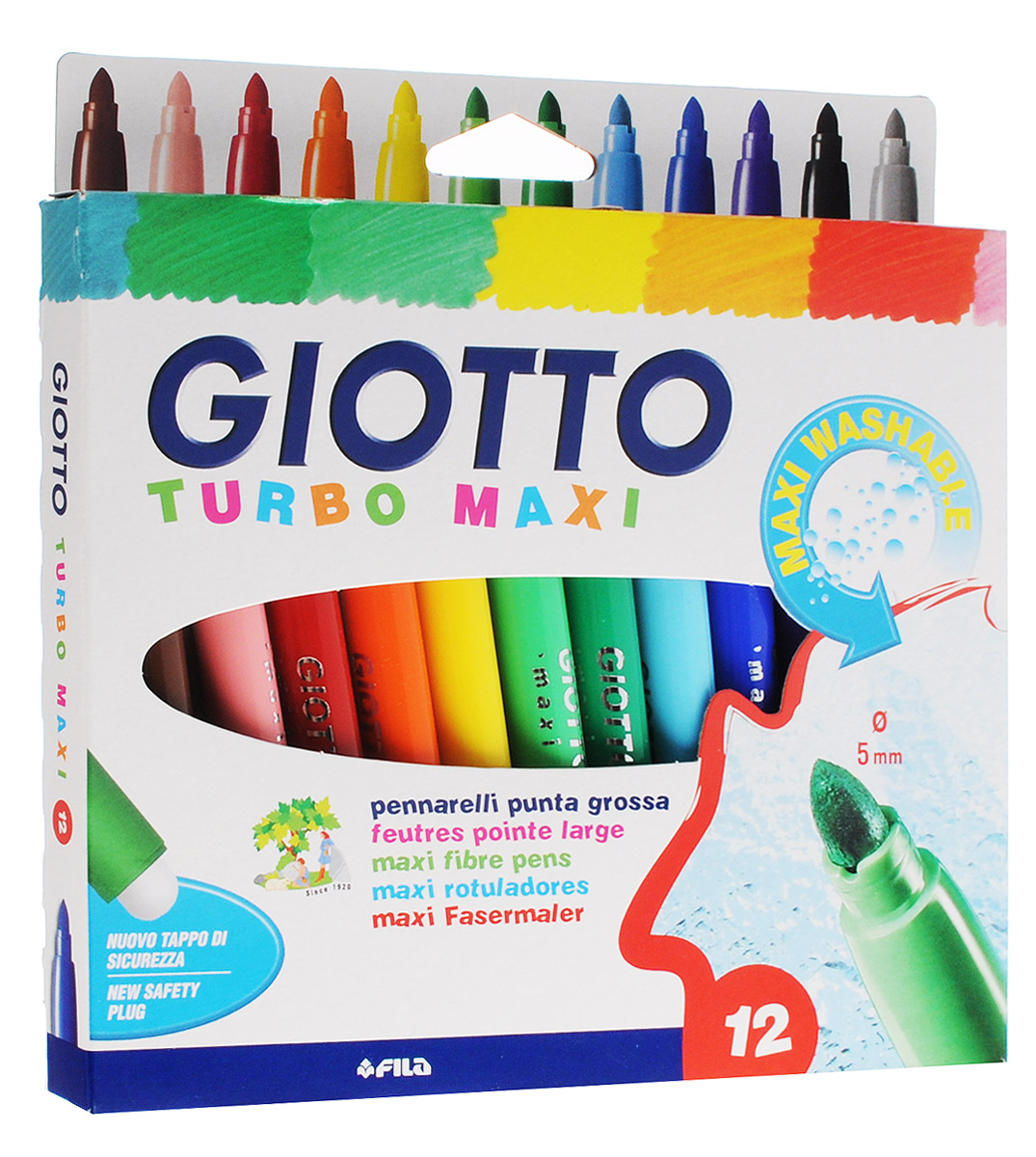 Набор Giotto Turbo Maxi - это 12 ярких насыщенных цветных фломастеров. Цвета фломастеров - черный, фиолетовый, синий, серый, красный, желтый, оранжевый, коричневый, голубой, зеленый, розовый, светло-зеленый.Наконечники фломастеров устойчивы к повышенному давлению, не разнашиваются со временем. Каждый фломастер оснащен плотным колпачком с вентиляцией, надежно защищающим чернила от высыхания. Чернила изготовлены на водной основе. Легко смываются с большинства типов тканей и рук.Фломастеры Giotto Turbo Maxi - идеальный инструмент для самовыражения и развития маленького художника!