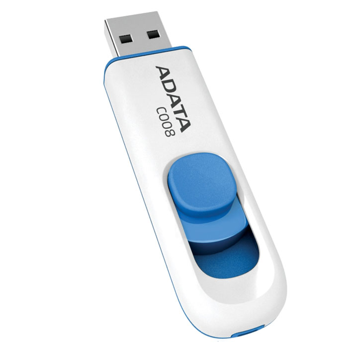 ADATA C008 32GB, White-Blue USB-накопительAC008-32G-RWE ADATA C008 32GB, White-Blue USB-накопительAC008-32G-RWEUSB флеш-накопитель ADATA C008 с выдвижным разъёмом.Гладкий дизайн USB-коннектора в выдвижном корпусе, который плавно раскрывается одним движением большого пальца. Конструкция корпуса без колпачка (крышки) исключает трудности, связанные с потерей колпачков для флэш-дисков. USB-коннектор можно открыть всего одной рукой, что очень удобно, когда скорость является главным условием.Флэш-диск C008 имеет удобный дизайн со специальным отверстием для шнурка и может быть прикреплен к ключам или мобильному телефону. Матовый грязеотталкивающий корпус устойчив к повреждениям. Модель C008 имеет элегантную форму и выпускается в двух стильных цветовых вариантах.