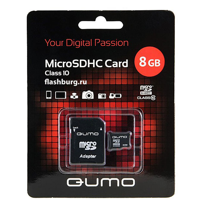 QUMO microSDHC Сlass 10 8GB карта памяти + адаптерQM8GMICSDHC10 QUMO microSDHC Сlass 10 8GB карта памяти + адаптерQM8GMICSDHC10Универсальная карта QUMO microSDHC расширяет память многофункциональных мобильных телефонов, цифровых камер, карманных компьютеров и других портативных устройств, поддерживающие данный формат карт. Идеально подходит для записи любых видов данных. Сохраните больше своих собственных коллекций музыки, видеороликов, кинофильмов, рингтонов, картин и фотографий!Внимание: перед оформлением заказа убедитесь в поддержке вашим электронным устройством карт памяти данного объема.