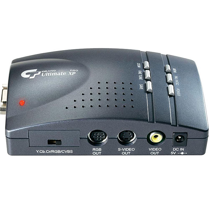 Grand Ultimate XP ProUltimate XP Pro Grand Ultimate XP ProUltimate XP ProGrand Ultimate XP Pro - это высококачественный универсальный преобразователь видеосигнала, разработанный на базе технологии покадровой буферизации, позволяющий преобразовать стандартный цифровой компьютерный VGA видеосигнал в высококачественный и стабильный аналоговый видеосигнал. Этот конвертер может быть использован для проведения компьютерных презентаций на телевизорах, плазменных и жидко-кристаллических панелях с большой диагональю и для высококачественной записи видео материалов, произведенных на компьютере на видеомагнитофон. Набор дополнительных функций позволяет точно настроить картинку видеоизображения для качественной демонстрации или записи, увеличив ее, расположив ее в центре экрана и удалить черную рамку по краям.Функция 2D масштабирования позволяет удалить черную рамку при воспроизведении на телевизоре и записи на видеомагнитофонКнопки управления функциями тонкой настройки, переключение видеосистемы, масштабирования, позиционирования изображения, сохранения настроек и включения питания.Управление функциями горизонтального и вертикального позиционирования, заморозки, настройки яркости, контрастности, hue, saturation, мерцания через экранное меню.