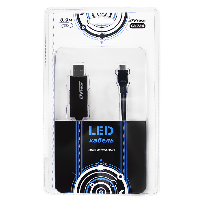 LED-кабель USB-micro USB DVTech CB 730, 0,9 мCB 730 LED-кабель USB-micro USB DVTech CB 730, 0,9 мCB 730Кабель CB 730 - стильный и оригинальный аксессуар со встроенной светодиодной подсветкой, которая служит для информирования о состоянии зарядки аккумулятора, а также как индикатор при передаче данных. Кабель СВ 730 предназначен для зарядки портативных устройств с разъемом micro-USB от стандартного USB порта и обмена данными между устройствами. Кабель поддерживает стандарт USB 2.0 и оптимизирован для высокой скорости передачи данных.Может использоваться с адаптерами USB со следующими характеристиками: выход 5 В до 1000 мА