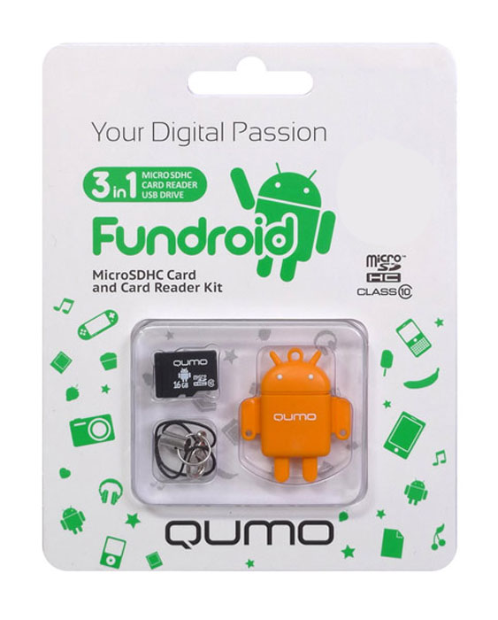 QUMO microSDHC Class 10 16GB + картридер/USB накопитель Fundroid, OrangeQM16GCR-MSD10-FD-ORG QUMO microSDHC Class 10 16GB + картридер/USB накопитель Fundroid, OrangeQM16GCR-MSD10-FD-ORGКомплект Fundroid является идеальным решением класса «3-в-1» для тех, кто ценит функциональность и необычный дизайн. Во-первых, это высокоскоростная карта памяти для вашего мобильного устройства. Во-вторых, стильный картридер, который позволит вам оперативно обмениваться информацией. А в третьих, будучи совмещёнными друг с другом, они могут использоваться как высокоскоростной влагозащищенный USB-накопитель. Технология производства флэш-карты обеспечивает влагозащитные качества.В комплект входит: яркий, удобный, легкий USB картридер в форме робота — всем знакомого символа операционной системы Android™ скоростная карта MicroSDHC class 10 (скорость записи 10 MB/s) c логотипом Android™шнурок с карабинчикомКомплект Fundroid является идеальным решением класса «3-в-1» для тех, кто ценит функциональность и необычный дизайн. Во-первых, это высокоскоростная карта памяти для вашего мобильного устройства. Во-вторых, стильный картридер, который позволит вам оперативно обмениваться информацией. А в третьих, будучи совмещёнными друг с другом, они могут использоваться как высокоскоростной влагозащищенный USB-накопитель. Технология производства флэш-карты обеспечивает влагозащитные качества.