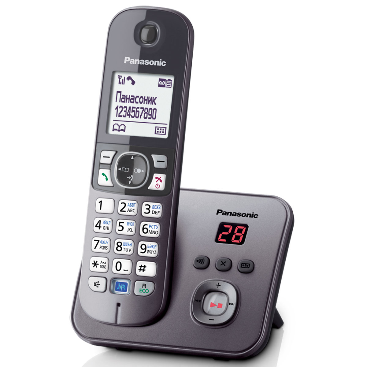 Panasonic KX-TG6821 RUM DECT телефонKX-TG6821RUM Panasonic KX-TG6821 RUM DECT телефонKX-TG6821RUMКомпактный и удобный радиотелефон Panasonic KX-TG6821RUM сделает разговоры дома и в офисе комфортными и удобными. Качество связи остается превосходным на расстоянии 50 метров от базы в квартире и 300 метров на открытом пространстве. Модель оснащена опцией ID Caller, автоматически определяющей номера входящих вызовов. Система быстрого набора позволяет быстро выбрать нужный контакт, сохраненный в памяти телефона или записной книжке. Panasonic KX-TG6821RUM имеет функцию автоответчика с возможностью записи до 30 минут. Специальная кнопка на базе позволяет отыскать потерянную трубку. Помимо стандартных функций, аппарат обладает системой Радионяня, фиксирующей звуки в детской комнате, а также ночным режимом, которые не позволит звонку побеспокоить хозяина в момент сна. блокировка клавиатурырусифицированное менючасы, дата на дисплеебудильник с повторным сигналом и установкой по дням неделиповторный набор