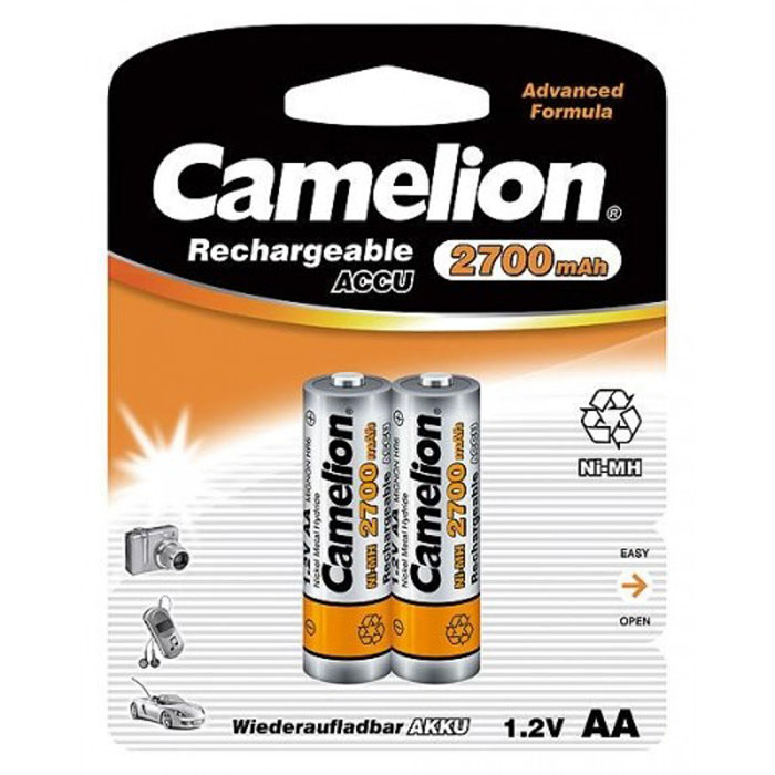 Camelion AA-2700mAh Ni-Mh BL-2 (NH-AA2700BP2) 2 аккумулятора, 1.2В7371 Camelion AA-2700mAh Ni-Mh BL-2 (NH-AA2700BP2) 2 аккумулятора, 1.2В7371Никель-металлогидридные батареи Camelion AA-2700mAh Ni-Mh BL-2 (NH-AA2700BP2). Особенностью таких аккумуляторов является их высокая емкость, отсутствие эффекта памяти, возможность быстрого заряда. Они находят применение в таких условиях, как MP3- плееры, цифровые фото- и видеокамеры, телефоны и т.д. Ni-Mh аккумуляторы являются абсолютно безопасными для окружающей среды.