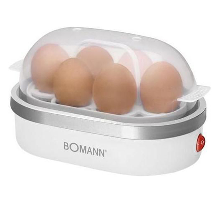 Bomann EK 5022 CB, White Silver яйцеваркаEK 5022 CB weis-silber Bomann EK 5022 CB, White Silver яйцеваркаEK 5022 CB weis-silberЭлектрическая яйцеварка Bomann EK 5022 CB позволяет быстро сварить паровым способом до шести яиц одновременно. Яйца готовятся на пару, при этом используется минимальное количество воды. Устройство оборудовано нагревательным элементом из нержавеющей стали.Съемный держатель Акустический сигнал (зуммер)Кнопка Вкл/Выкл (с подсветкой)Напряжение питания: 230 В, 50 ГцАнтипригарное покрытие нагревательной пластиныПротивоскользящие ножки