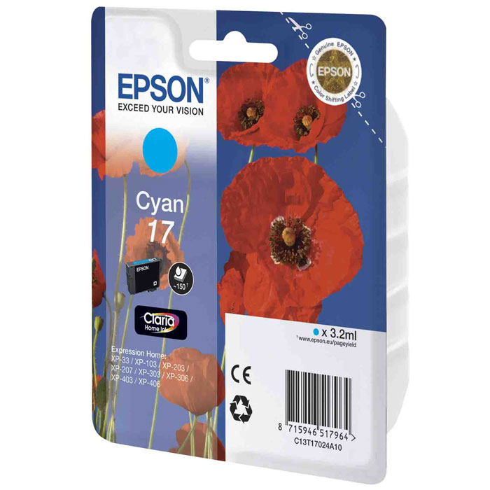 Epson 17 (C13T17024A10), Cyan картридж для XP-33/XP-103/XP-406C13T17024A10 Epson 17 (C13T17024A10), Cyan картридж для XP-33/XP-103/XP-406C13T17024A10Картридж стандартной емкости Epson 17 с пигментными черными или водорастворимыми цветными чернилами для струйных МФУ Epson Expression Home. Расход измерен по стандарту ISO/IEC FCD 24711 и 24712.