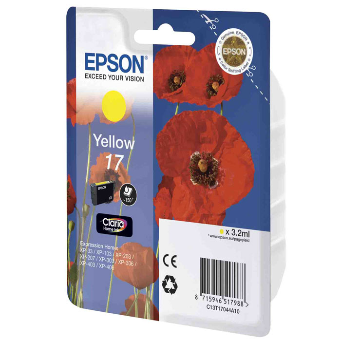 Epson 17 (C13T17044A10), Yellow картридж для XP-33/XP-103/XP-406C13T17044A10 Epson 17 (C13T17044A10), Yellow картридж для XP-33/XP-103/XP-406C13T17044A10Картридж стандартной емкости Epson 17 с пигментными черными или водорастворимыми цветными чернилами для струйных МФУ Epson Expression Home. Расход измерен по стандарту ISO/IEC FCD 24711 и 24712.