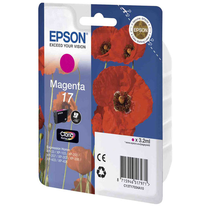 Epson 17 (C13T17034A10), Magenta картридж для XP-33/XP-103/XP-406C13T17034A10 Epson 17 (C13T17034A10), Magenta картридж для XP-33/XP-103/XP-406C13T17034A10Картридж стандартной емкости Epson 17 с пигментными черными или водорастворимыми цветными чернилами для струйных МФУ Epson Expression Home. Расход измерен по стандарту ISO/IEC FCD 24711 и 24712.