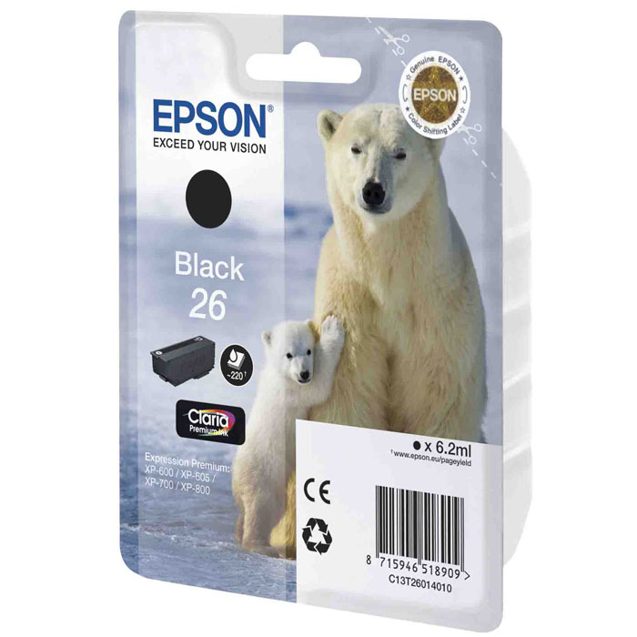 Epson 26 (C13T26014010), Black картридж для XP-600/XP-700/XP-800C13T26014010, С13Т26014012 Epson 26 (C13T26014010), Black картридж для XP-600/XP-700/XP-800C13T26014010, С13Т26014012Картридж стандартной емкости Epson 26 с пигментными черными или водорастворимыми цветными чернилами для струйных МФУ Epson.