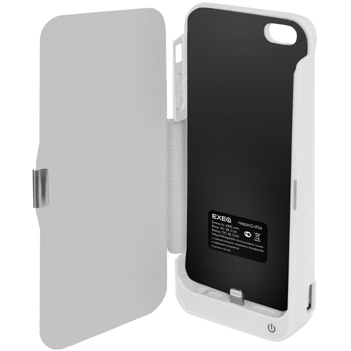 EXEQ HelpinG-iF04 чехол-аккумулятор для iPhone 5/5s, White (4300 мАч, USB-порт, флип-кейс)HelpinG-iF04 WH EXEQ HelpinG-iF04 чехол-аккумулятор для iPhone 5/5s, White (4300 мАч, USB-порт, флип-кейс)HelpinG-iF04 WHExeq HelpinG-iF04 обладает встроенным аккумулятором, благодаря которому он способен продлить часы работы смартфона в несколько раз! Также благодаря значительной емкости и наличию USB-порта чехол сможет подзарядить и другие электронные устройства, например MP3-плеер или компактную игровую приставку. Эргономичная и стильная конструкция Exeq HelpinG-iF04 позволит не только удобно присоединить чехол к смартфону, но и надежно защитить телефон от царапин, ударов и загрязнений. Приятным дополнением дизайна чехла-аккумулятора является наличие встроенной подставки, которая позволит удобно разместить смартфон в горизонтальном положении, например для просмотра видео или видео-общения по скайпу. Заряжается чехол-аккумулятор Exeq HelpinG-iF04 от зарядного устройства телефона, причем заряжать оба устройства можно не извлекая телефон из чехла. Так для зарядки телефона просто подсоедините зарядное устройства к чехлу и нажмите кнопку питания на чехле, а для зарядки чехла просто подсоедините зарядное устройство к нему.