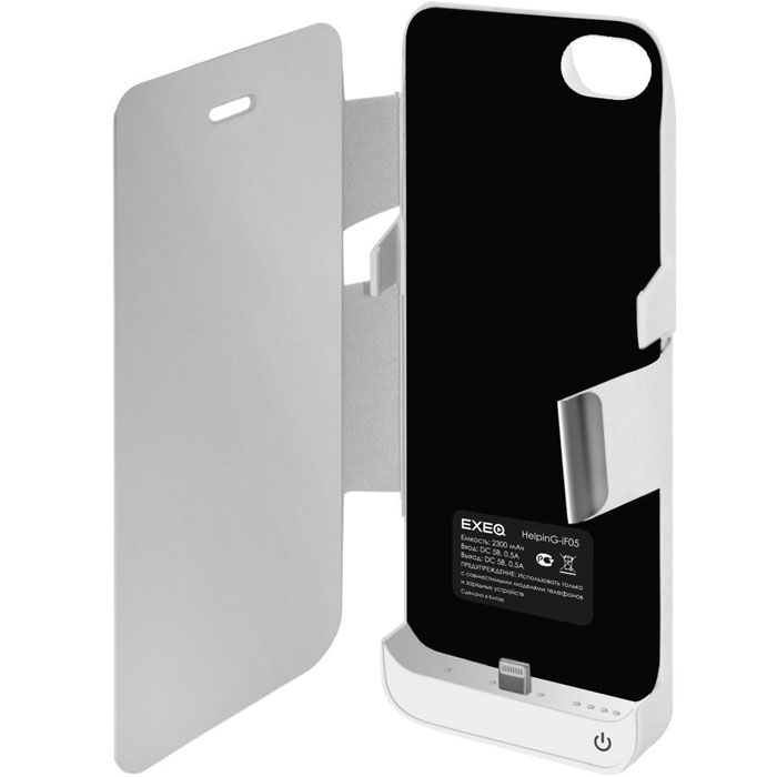 EXEQ HelpinG-iF05 чехол-аккумулятор для iPhone 5/5s/5c, White (2300 мАч, флип-кейс)HelpinG-iF05 WH EXEQ HelpinG-iF05 чехол-аккумулятор для iPhone 5/5s/5c, White (2300 мАч, флип-кейс)HelpinG-iF05 WHСтильный дизайн Exeq HelpinG-iF05 не только прекрасно подойдет к дизайну вашего любимого смартфона, но надежно защитит его от загрязнений, царапин и ударов даже во время самой активной эксплуатации. Встроенный аккумулятор чехла обеспечит своевременную подзарядку смартфона и позволит продлить часы его работы как минимум в два раза – еще больше разговоров, интернет-серфинга, любимой музыки на Вашем iPhone! Для удобного просмотра видео, чтения электронных книг чехол Exeq HelpinG-iF05 оборудован встроенной подставкой, которая позволит надежно закрепить телефон в горизонтальном положении. Заряжается чехол-аккумулятор Exeq HelpinG-iF05 от зарядного устройства телефона, причем заряжать оба устройства можно не извлекая телефон из чехла. Так для зарядки телефона просто подсоедините зарядное устройства к чехлу и нажмите кнопку питания на чехле, а для зарядки чехла просто подсоедините зарядное устройство к нему. Аналогично происходит и подключение телефона к компьютеру – чехол-аккумулятор Exeq HelpinG обеспечивает идеальную передачу данных между смартфоном и другими электронными устройствами.