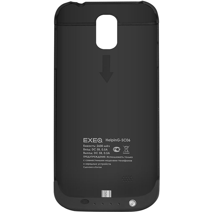 EXEQ HelpinG-SC06 чехол-аккумулятор для Samsung Galaxy S4, Black (2600 мАч, клип-кейс)HelpinG-SC06 BL EXEQ HelpinG-SC06 чехол-аккумулятор для Samsung Galaxy S4, Black (2600 мАч, клип-кейс)HelpinG-SC06 BLExeq HelpinG-SС06 – универсальный аксессуар, благодаря которому ваш смартфон не только будет надежно защищен, но обеспечен своевременной подзарядкой! Exeq HelpinG-SС06 выполнен из прочного прорезиненного пластика, который надежно защитит смартфон от ударов, царапин и загрязнений. Встроенный аккумуляторобеспечит подзарядку батареи смартфона в самые нужные моменты его использования.В качестве приятного дополнения Exeq HelpinG-SС06 имеет откидывающуюся подставку. Специальная конструкция чехла с выдвижной верхней частью позволит удобно и надежно поместить телефон в чехол, а при необходимости легко и быстро достать телефон из чехла. Хотя извлекать телефон из надежного Exeq HelpinG-SС06 вам вряд ли понадобится – заряжать телефон можно непосредственно в чехле, подключив к нему зарядное устройство телефона и нажав кнопку питания на чехле. Если кнопку питания не нажимать, то будет происходить зарядка чехла-аккумулятора. Аналогично происходит и подключение телефона к компьютеру – чехол-аккумулятор обеспечивает идеальную передачу данных между смартфоном и другими электронными устройствами.