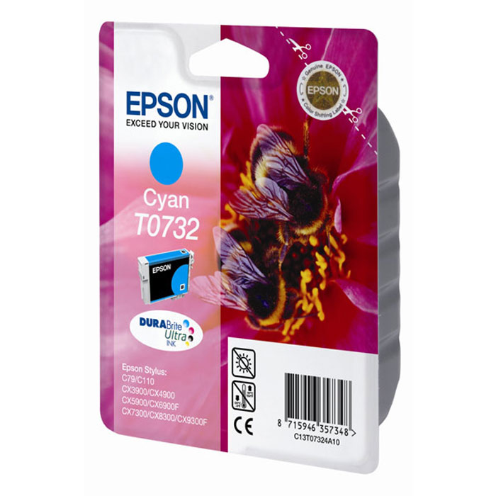 Epson T0732 (C13T10524A10), Cyan картридж для C79/C110/CX9300/TX419/TX600C13T10524A10 Epson T0732 (C13T10524A10), Cyan картридж для C79/C110/CX9300/TX419/TX600C13T10524A10Картридж Epson с цветными чернилами для струйной печати.