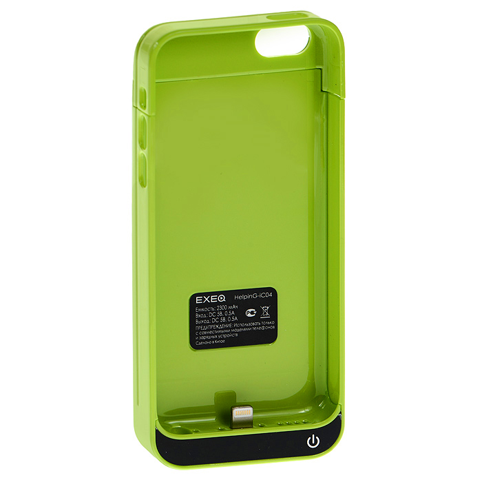 EXEQ HelpinG-iC04 чехол-аккумулятор для iPhone 5/5s/5c, Green (2300 мАч, клип-кейс)HelpinG-iC04 GR EXEQ HelpinG-iC04 чехол-аккумулятор для iPhone 5/5s/5c, Green (2300 мАч, клип-кейс)HelpinG-iC04 GRЧехол EXEQ HelpinG-iC04 не только надежно защитить ваш смартфон, но и прекрасно подойдет к цветовой гамме корпуса смартфона. Кроме яркой цветовой гаммы EXEQ HelpinG-iС04 также имеет компактный и эргономичный дизайн, благодаря которому его присоединение к смартфону практически не повлияет на габариты последнего. Но самое главное, благодаря чехлу-аккумулятору ваш iPhone сможет работать в два раза дольше! Привлекательный дизайн, компактные габариты и увеличение автономной работы телефона – что еще нужно для идеального аксессуара к вашему смартфону?Зарядка аккумулятора чехла происходит от зарядного устройства телефона и при этом телефон не обязательно извлекать из чехла. Достаточно просто подключить зарядное к чехлу и нажать на кнопку питания на чехле – и начнется зарядка телефона. Если кнопку питания не нажимать, то начнется зарядка чехла-аккумулятора. Приятным дополнением чехла EXEQ HelpinG-iС04 также является наличие встроенной подставки, которая сможет поддерживать ваш смартфон в горизонтальном положении, например, для просмотра фильма или чтения электронных книг.