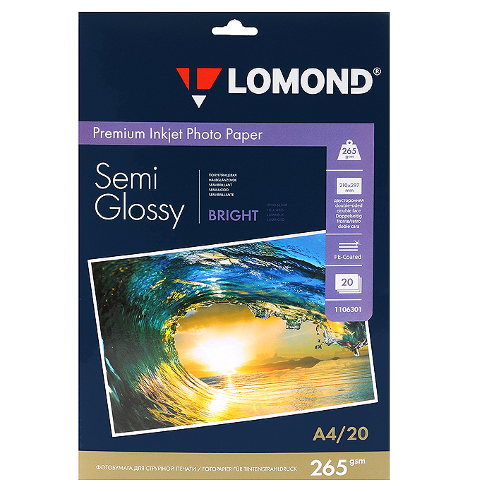Lomond Premium Photo Paper 265/А4/20 полуглянцевая фотобумага (1106301)1106301 Lomond Premium Photo Paper 265/А4/20 полуглянцевая фотобумага (1106301)1106301Lomond Premium Photo Paper A4 - полуглянцевая бумага 260 г/м (20 шт.) Благодаря полиэстеровому покрытию бумага не подвержена короблению при печати изображений, требующих большого количества чернил. Материалы совместимы с водорастворимыми и пигментными чернилами.
