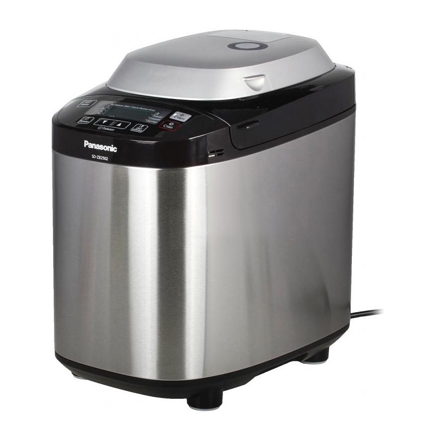 Panasonic SD-ZB2502BTS хлебопечьSD-ZB2502BTS Panasonic SD-ZB2502BTS хлебопечьSD-ZB2502BTSPanasonic SD-ZB2502BTS - модель хлебопечки в корпусе из нержавеющей стали. Алмазно-фтористое покрытие формы для выпечки хлеба для защиты от повреждений. 12 программ выпечки хлеба 10 программ приготовления теста (8 программ приготовления теста для пирогов,программа приготовления теста для пельменей, программа приготовления теста для пиццы).Каждая программа реализует определенный способ приготовления теста/хлеба и подходит для большого количества разнообразных рецептов.Программа для замеса крутого пресного теста (пельмени) подходит для домашней лапши, вареников, хвороста и многого другого. Отдельная программа для быстрого замеса дрожжевого теста для пиццы Программа приготовления традиционного русского варенья Новая программа приготовления фруктов в сиропе Выпечка кексов и шарлоток (при 180° C до 90 мин)Программа выпечки хлеба из безглютеновых смесей Программа выпечки однозернового хлеба.Сохранение хлеба горячим после окончания работы программы.Выбор цвета корочки (3 варианта: светлый, средний, темный)3 размера буханок (750/900/1250 г.)Диспенсер для автоматического добавления дополнительных ингредиентов.Емкость диспенсера для изюма и орехов 150 г изюмаДиспенсер для дрожжейЕмкость диспенсера для дрожжей - 1,5-12 г Таймер отсрочки выпечки до 13 часов Минимальное время выпечки хлеба 1 час 55 мин (Основной скорый)Максимальное время выпечки хлеба 6 часов (Французский) Антипригарное покрытие формы для выпечкиКомпактная модель с большим дисплеем