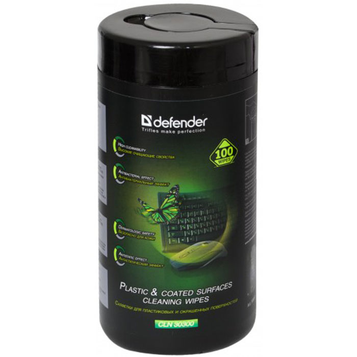 Defender CLN30300 салфетки чистящие (100 шт.)30300 Defender CLN30300 салфетки чистящие (100 шт.)30300Многофункциональные чистящие салфетки Defender CLN30300 предназначены для ухода за компьютером как в офисе, так и в домашних условиях. Салфетки с легкостью удаляют пыль и грязь с клавиатур, системных блоков, корпусов факсов, копировальных и телефонных аппаратов, сканеров и прочего офисного оборудования. Требуется всего 5 минут для приведения рабочего места в порядок и профилактики инфекций с помощью влажных салфеток Defender 30300.Чистящие салфетки Defender 30300 входят в линейку экономичных чистящих средств Defender, оптимально подходящих для ухода за компьютером и техникой в домашних условиях. Сочетание высококачественного материала салфеток и специально разработанного чистящего состава позволяют достичь моментального эффекта с минимальными усилиями.Размер салфетки: 125 х 170 ммПлотность материала: 21 г/м2Состав: нетканый материал на вискозной основе смесовой термобонд, пропитывающий раствор (содержит антистатическую добавку, отдушку).