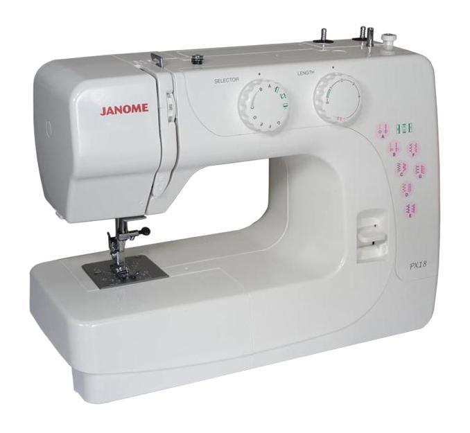 Janome PX 18 швейная машинкаPX 18 Janome PX 18 швейная машинкаPX 18Janome PX 18 - это швейная машина начального уровня. Челночное устройство вертикальное, петля в полуавтоматическом режиме, 12 строчек, в комплекте 4 лапки, чехол мягкий. Janome PX 18 позволит Вам выполнить основные швейные операции.